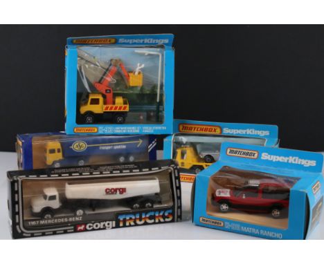 Five boxed diecast models to include 2 x Corgi featuring Mercedes-Benz L Artic Tanker and 1197 Volvo F12 Truck, and 3 x boxed