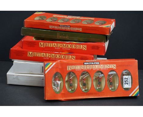 Seven boxed Britains metal figure sets to include 7235 6 Black Watch Highlanders, 7245 6 Gordon Highlanders, 5377 Harrods, 72