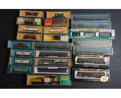 24 Cased / boxed N gauge items of rolling stock to include Lima, Graham Farish, Minitrix etc featuring coaches, trucks and cr