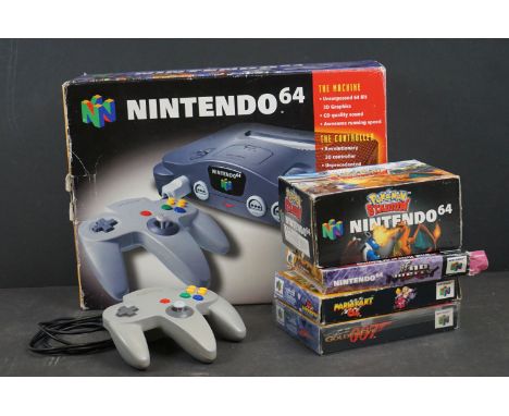 Retro Gaming - Boxed Nintendo 64 N64 console, complete with controller, cables and manual, plus one controller and 4 x games 