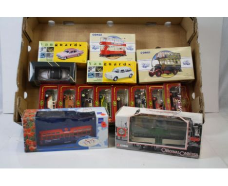 15 x Boxed Corgi diecast models to include 96991 Thornycroft Bus, 98153 Closed Top Tram, 44002 Brush Rail Coach, OM44001 Blac