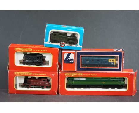 Five boxed OO gauge locomotives to include 3 x Hornby (R863 Brush Type 4 Diesel Electric Loco, R253 0-4-0 Diesel Dock Shunter