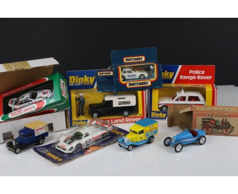 Eight diecast models to include boxed Dinky 277 Police Land Rover, boxed Dinky 254 Police Range Rover, boxed Bugatti Course T