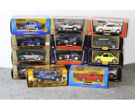 11 x Boxed Burago scale diecast models to include 1563 Porsche GT3 Cup 1997, 1525 Dodge Viper RT/10 1992, 1523 Shelby Series 