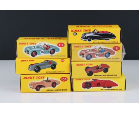 Seven boxed Atlas Editions Dinky diecast models to include 111 Triumph TR2 Sports, 106 Austin Atlantic Convertible, 23D Auto 