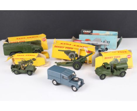 Six militar6y diecast models to include 4 x boxed Dinky models (693 7.2 Howitzer, 674 Austin Champ, 643 Army Water Tanker &am