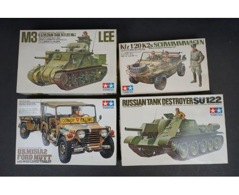 Four boxed Tamiya 1:35 scale plastic model kits to include 35003-350 German Amphibious Volkswagen Jeep, 35130-800 US M151A2 F