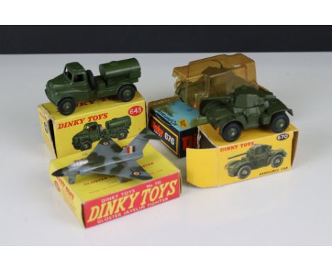 Four boxed Dinky diecast models to include 643 Army Water Tanker (in VG condition with slight paint chips, with grubby box), 