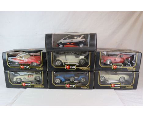 Six boxed Burago 1:18 scale models to include 3009 Mercedes Benz SSK (1928), 3011 Ferrari 250 GTO (1962), 3015 Mercedes 300 S