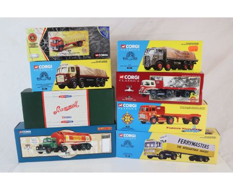 Eight boxed Corgi Classics diecast models to include 21301 Ferrymasters AEC Box Trailer set, 09701 ERF 8 Wheel Rigid with loa