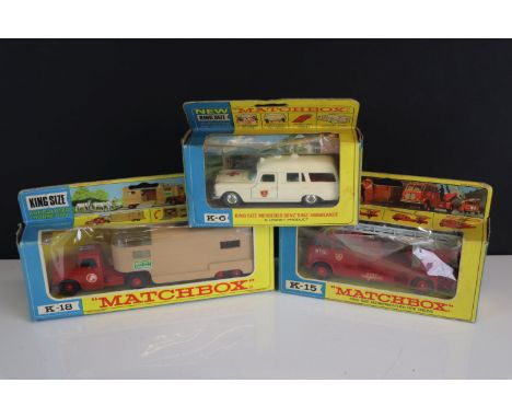 Three boxed Matchbox King Size diecast models to include K18 Articulated Horse Van, K6 Mercedes Benz Binz Ambulance and K15 M