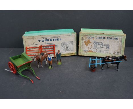 Two boxed Britains Home Farm Series figure sets to include No 4F Tumbrel, farmer missing arm, vg otherwise, box lid with tape