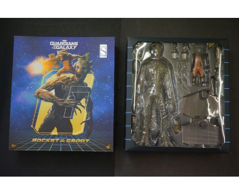 Boxed Hot Toys Movie Masterpiece Marvel 1/6 scale Guardians of the Galaxy Rocket &amp; Groot figure, Sideshow Exclusive, comp