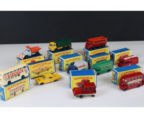 Ten boxed Matchbox 75 Series diecast models to include 57 Land Rover Fire Truck, 35 Snow-Trac, 74 Daimler Bus, 15 Dennis Refu