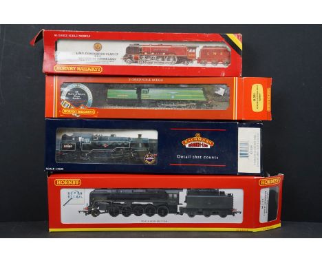 Four boxed OO gauge locomotives to include 3 x Hornby (R2248 Super Deetail BR 2-10-0 Class 9F Locomotive weathered 92239, R37