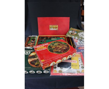 Collection of boxed Meccano sets to include No 8 in red/green, Mechanisms set, Outfit 3000, Super Highway Set, Army Multi Kit