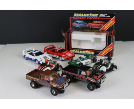 Seven Scalextric slot cars to include 2 x C281-2, 2 x L6048, Spurs &amp; Liverpool cars, gd overall with C129 with damage 