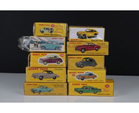 10 x Boxed Dinky Atlas Editions diecast models to include 197 Morris Mini-Traveller, 526 Mercedes 190 S.L., 535 24T 2 CV Citr