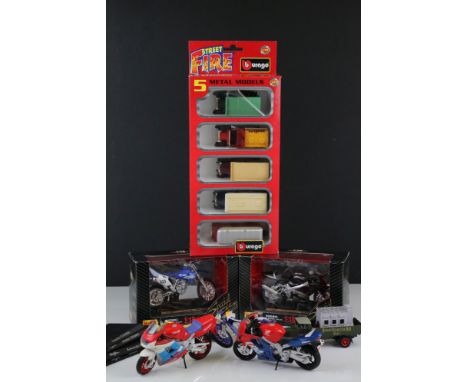 Three boxed diecast models to include 2 x Maisto 1:18 scale featuring Suzuki GSX R1000 &amp; Yamaha YZ-400F and Burago 4300 S