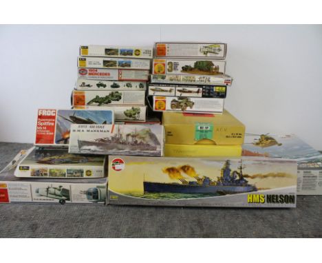 55 x Boxed plastic model kits to include Airfix 1:72 R.A.F. Rescue Launch, Vosper M.T.B., 1:600 HMS Nelson, OO Scale Tank Tra