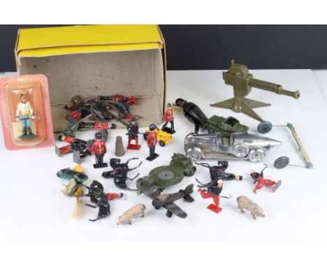 Group of vintage metal and other toys to include Britains soldiers, Dinky military Scout Car diecast model, diecats model car