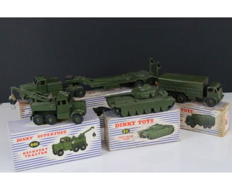 Four boxed Dinky Supertoys military models to include 660 Tank Transporter, 661 Recovery Tractor, 651 Centurion Tank and 622 