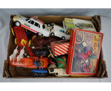 A collection of vintage toys to include vehicles, puppets  a board game etc 