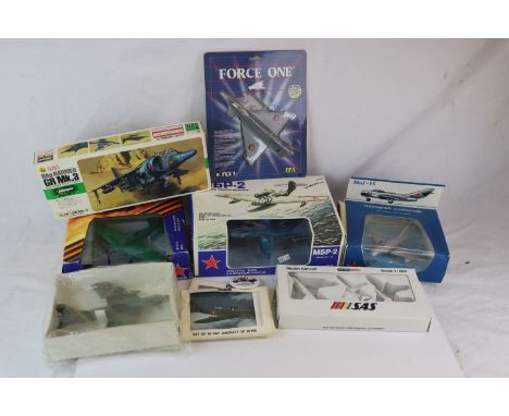 Six boxed and carded airplane diecast models to include Ertl Force One, Schabak Modell SAS, USSR MiG-15, etc plus boxed Haseg