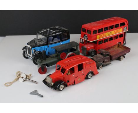 Five diecast / tin plate / plastic models to include Clockwork Triang Minic Bus, Triang Minic fire engine with key, plastic s