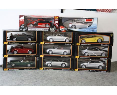 10 x boxed Maisto 1:18 scale diecast models to include Porsche Cayenne, Lexus SC 430, Audi TT Roadster, Nissan 350Z Nismo S-t