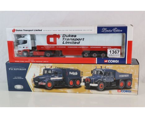 Two boxed 1:50 scale Corgi diecast models to include CC12202 Scania Fridge Trailer - Dukes Transport Limited and 17904 Pickfo