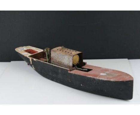 Scratch built wooden pond boat fitted with Mamod boiler engine, well used and showing wear 