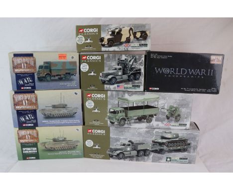 Eight boxed Corgi diecast models to include CC60101 Churchill MarkIII, CC60301 Bedford QLT, CC60102 Churchill MkIV, CC60003 S