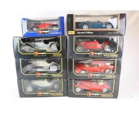 Seven boxed  Burago diecast models to include 6 x 1:18 scale featuring 3016 Jaguar E Cabriolet (1961), 3008 Alfa Romeo 2300 S