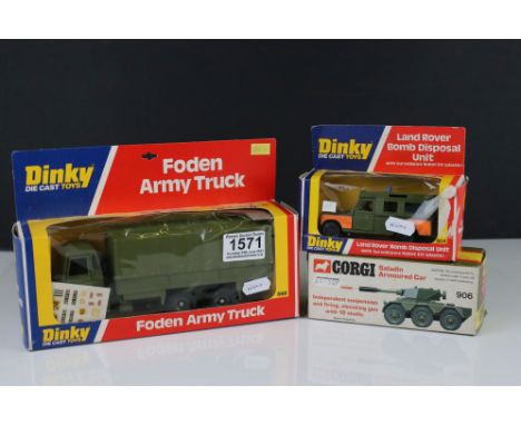 Three boxed military diecast models to include Corgi 906 Saladin Armoured Car and 2 x Dinky (668 Foden Army Truck &amp; 604 L