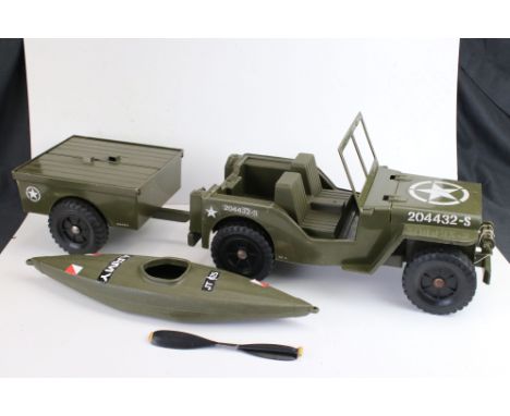 Action Man accessories, jeep with trailer, together with a canoe 
