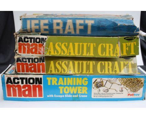 Three boxed original Palitoy Action Man playsets to include Training Tower and 2 x Assault Crafts, unchecked for completeness
