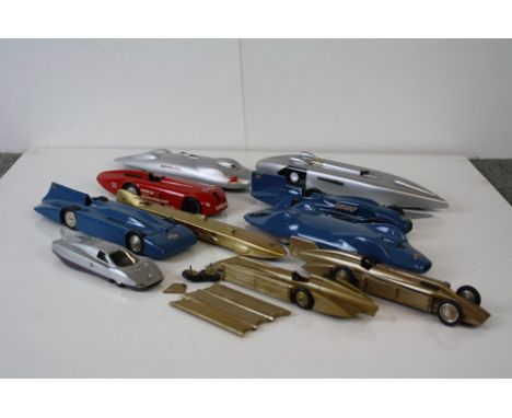 Nine Western Models white metal land speed record models to include Eyston's Thunderbolt 1938, Campbell RR Bluebird, John Cob