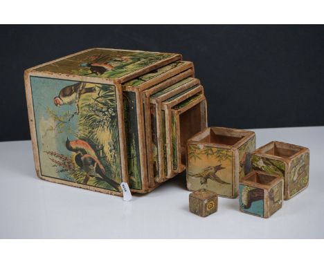 Vintage wooden childs toy block set of 10 container block, all with bird images, showing wear, with story to outer block 