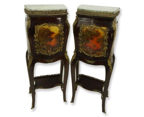 Pair of 20th Century Louis XV Style and Vernis Martin Style Ormolu Mounted Green Marble Top Cabinets. fitted door at the cent