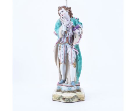 Large German Bisque Porcelain Figural Lamp. Rubbing to paint and gilt. Figure measures 18-5/8" H, total measures 33" H. Shipp