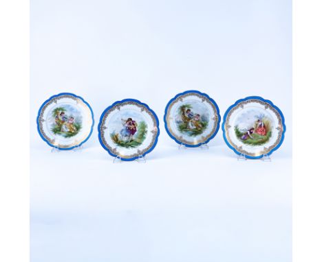 Set of Four (4) Fine 19th Century Sevres Chateau Des Tuileries Hand painted Cabinet Plates. Artist signed portraits encircled