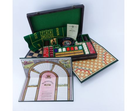 Vintage Ayrgames Multi-Game Set In Case. Includes Roulette, chess, checkers, cribbage, dominoes, cards, steeple chase. Boards