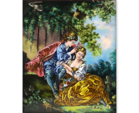 Limoges Enamel Painting On Copper "Le Printemps (d'apres Boucher)". Signed R. Restoueix. Signed lower left, label en verso. G
