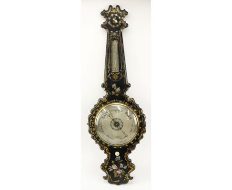 Victorian Inlaid Mother Of Pearl Painted Barometer With Thermometer. Unsigned. Wear, rubbing. Measures 41-1/2" L x 14" W. Shi