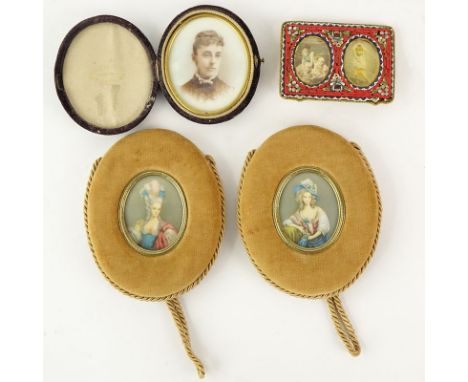Lot of Three (3) Portrait Miniatures and a miniature micromosaic frame. 2 portraits are transferware, one hand painted. Unsig