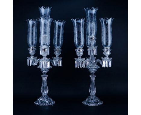 Pair of Antique Baccarat Moulded Glass 3 Light Candelabra with Etched Glass Shades and Hanging Prisms. Signed. High quality m