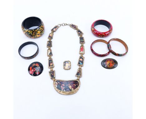 Collection of Nine (9) Vintage Russian Lacquer Costume Jewelry. Includes: Five bangle bracelets, three pins, and a necklace. 