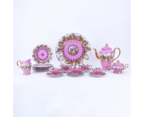 Twenty One (21) Piece JKW Carlsbad German Vienna Style Hand Painted and Gilt Porcelain Tea Service. Includes: 6 plates 7-3/4"
