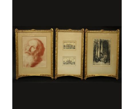 Four (4)  `Vintage Art Nouveau Prints. Includes: Hedley Fitton etching, engraving after Annibal Carracci by F. Bartolozzi, an